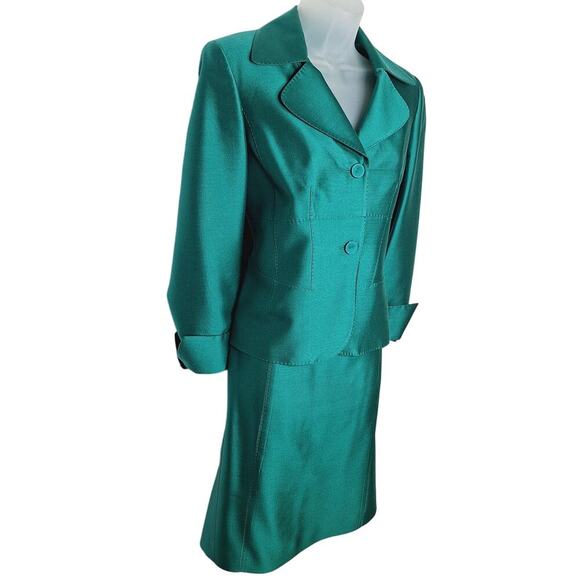 Vintage Albert Nipon Skirt Suit Wool Silk 8 Emerald Green Jackie O Classic 60s - Picture 2 of 16